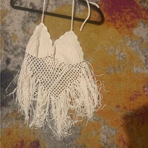Elegant Cream Crochet Fringe Crop Top